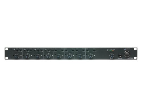 AMIS MX82 8 канальный рэковый стерео-микшер, 4 переключаемых входа MIC\LINE и 4 стерео линейных входа RCA, выход на наушники